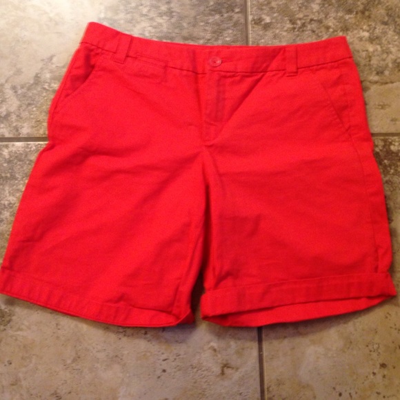 Red Bermuda shorts. Boyfriend roll up khakis.