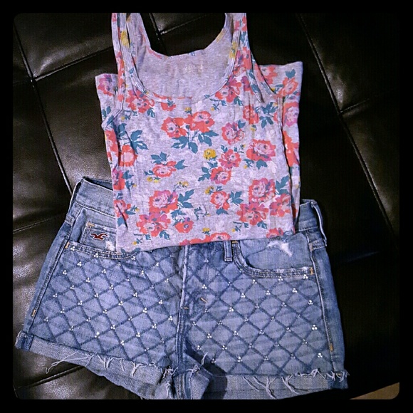 High-waisted distressed lattice embellished shorts