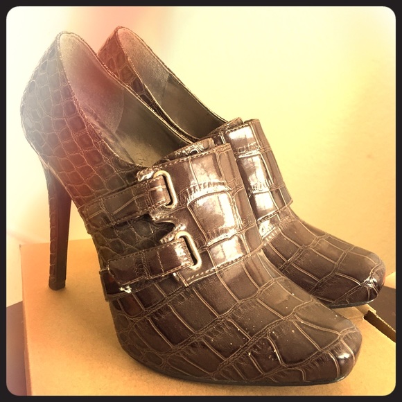 Brown Crocodile Print Guess Heeled Boots