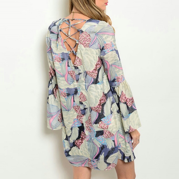 Boho Japanese Print Floral Shift Mini Dress - Picture 2 of 5