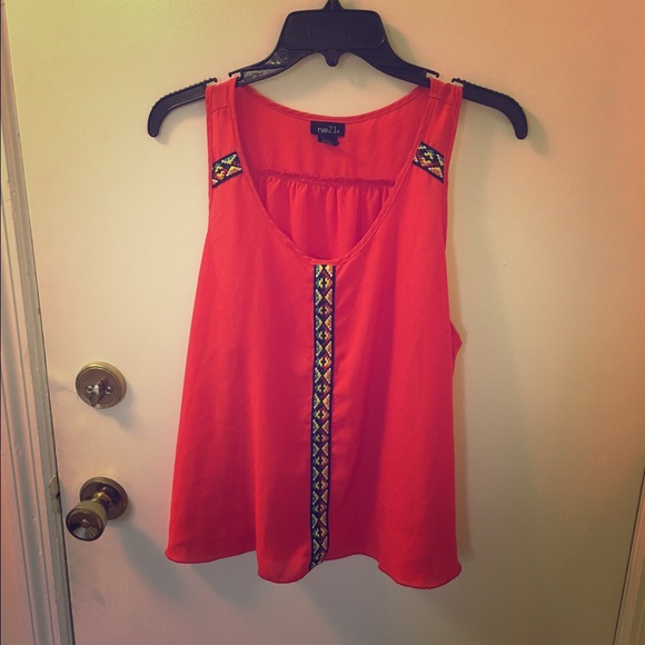 Bright Coral Tank With Colorful Tribal Print