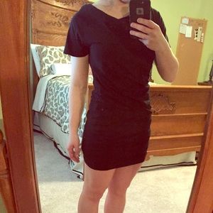 Black fitted cotton dress with cowl neck