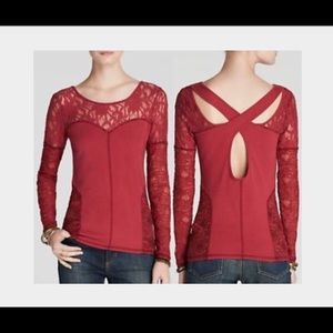 Free People Black Lace Long sleeve cut out top.
