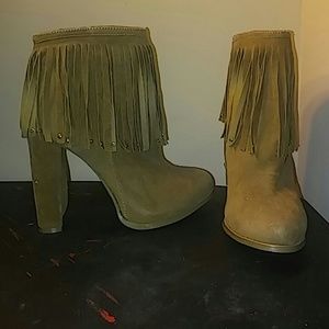 Brown fringe heeled booties