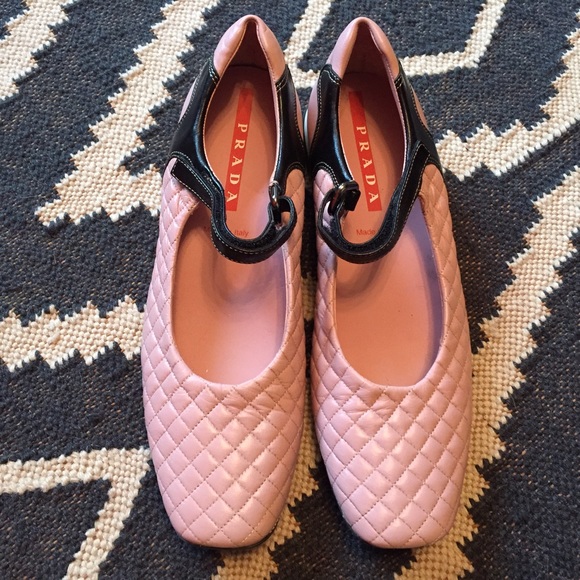 Prada Shoes - Cute Prada Pink Quilted Leather Flats w/blk Straps