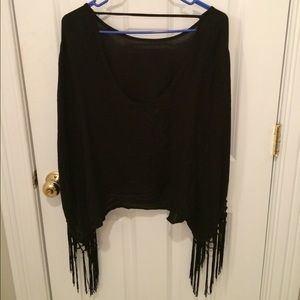 Black fringe sleeve top with an open back