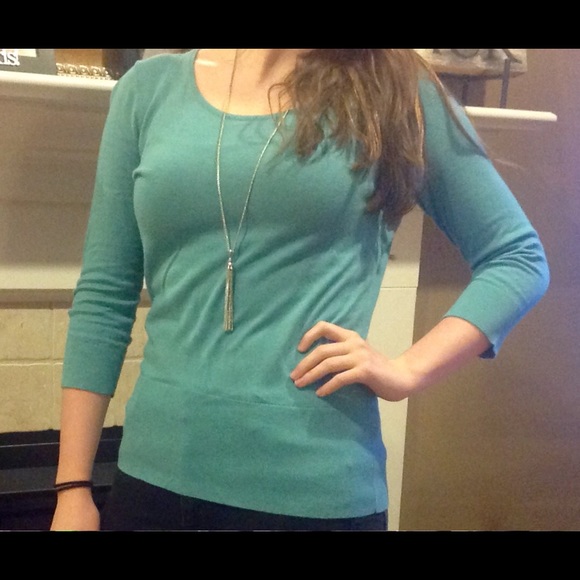 3/4 sleeve Loft sweater in greenish blue color.