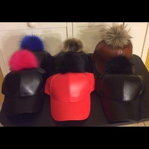 Vegan leather baseball caps with fur Pom poms