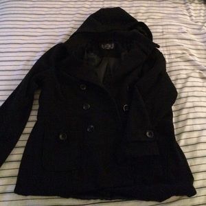 Black hooded pea coat.