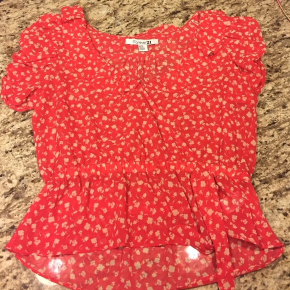 Red and cream floral blouse