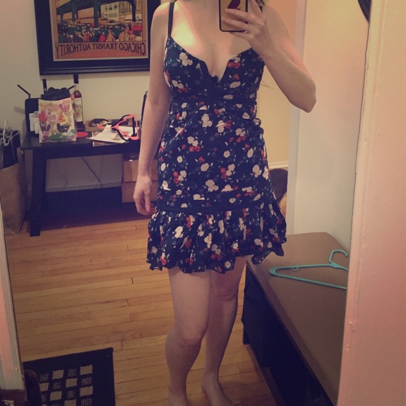 American Eagle Summer Sun Dress Navy Blue Floral