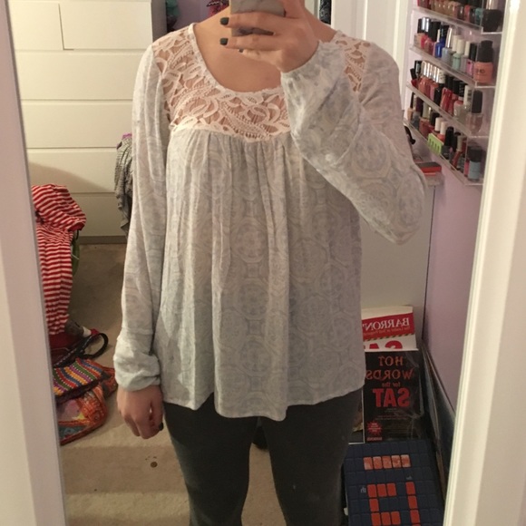 Very cute light blue and white with lace top