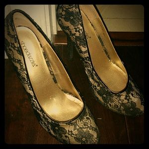 Black and tan lace heels