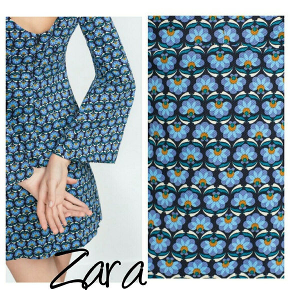 Zara blue retro print dress Large L mini - Picture 2 of 4