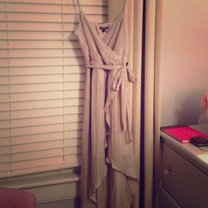 Silver shimmery high low faux wrap dress