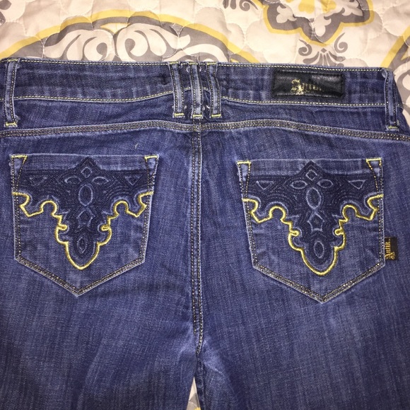 Antik denim bootcut jean with gold stitching
