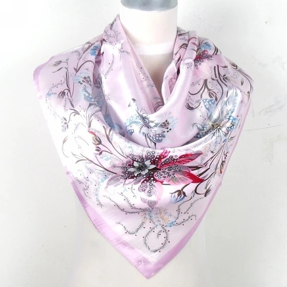 Pink Scarf Polyester Silk Flowers Printed