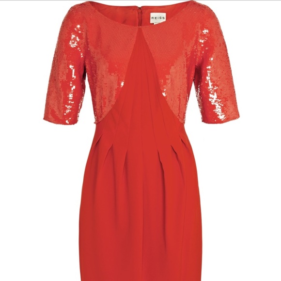 Beautiful orange party dress, sequined sleeves