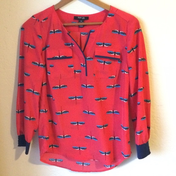 Style & Co. Tops - Coral long sleeved blouse with dragonflies thrift