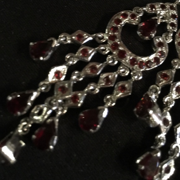 Bollywood inspired long silver and ruby earrings - Picture 2 of 4