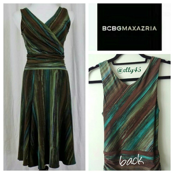 BCBGMaxAzria Dresses & Skirts - 🌞Green & Brown Striped Faux Wrap Dress