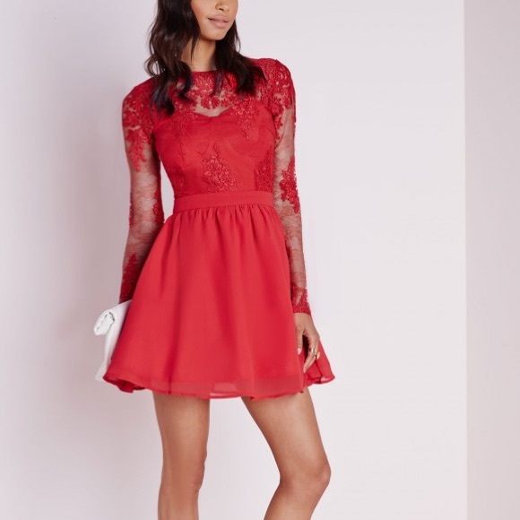 Red Lace Missguided long sleeved short dress