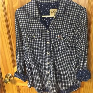 Navy plaid flannel with polka dot lining