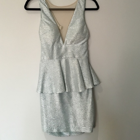 Light blue metallic peplum cocktail dress