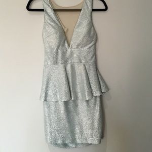 Light blue metallic peplum cocktail dress