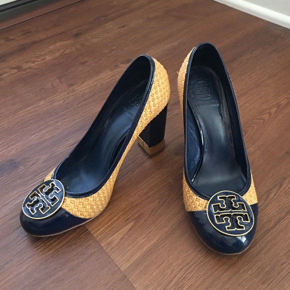 Tory Burch Shoes - Tory Burch Woven & Navy Patent Leather Pumps