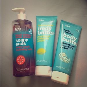Two Bliss body lotions and a body wash/bubble bath