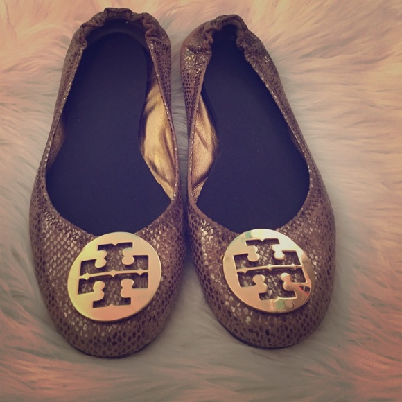 Tory Burch Reva gold snakeskin flats