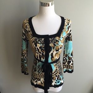 Blue Multi Colored Animal Print Belted Cardigan