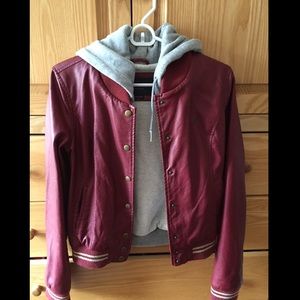 OBEY Red Leather Jacket with Hoodie attached
