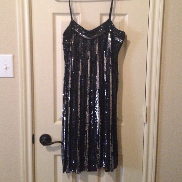 Black and silver sequined cocktail dress.