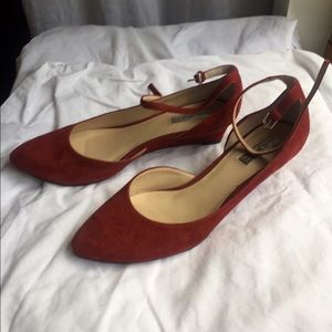 Red low wedge ankle strap shoes