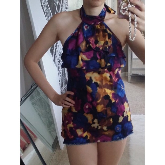 Abstract Floral Ruffle Halter Tunic Top Blouse M - Picture 2 of 3