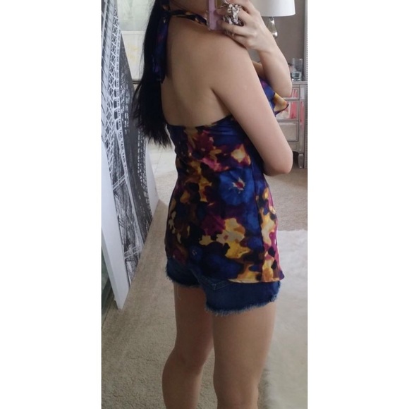 Abstract Floral Ruffle Halter Tunic Top Blouse M - Picture 3 of 3