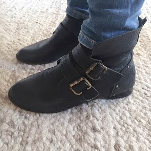 Black Leather Ankle Boots with Double Buckle