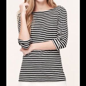 Striped long sleeve boat neck top w gold buttons