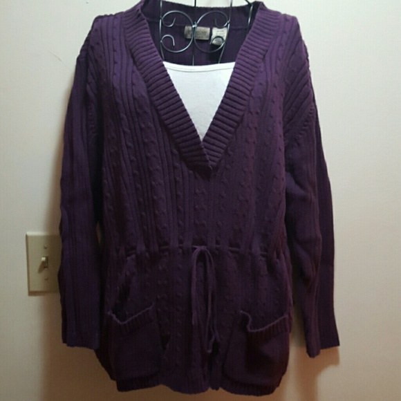 Purple sweater with gather/tie detail