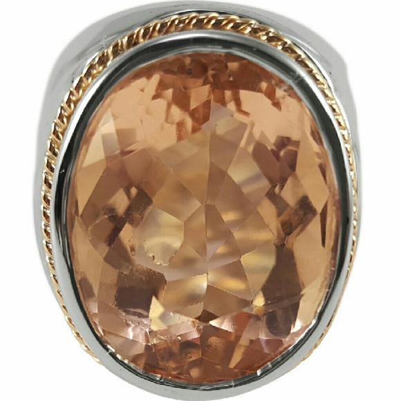 Brazilian Peach Quartz Silver Ring 18k gold border