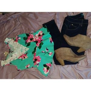 New Mint Floral & Lace Peplum Top