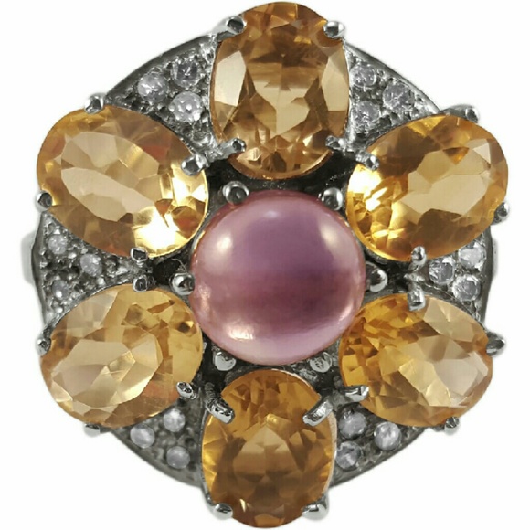 Flower of Life- Amethyst Cabochon Citrine Ring