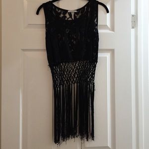 Black crop top with fringe on the bottom