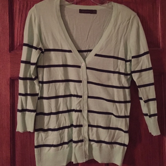 Mint & Navy Striped 3/4 Sleeve Cardigan