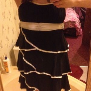 Black and white dress with spaghetti straps.