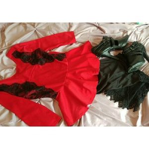 Red Peplum Black Lace Panel Top