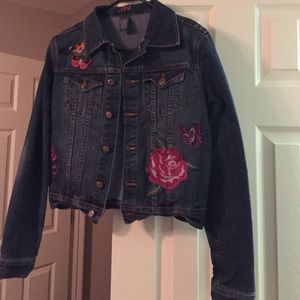 Large jean jacket w roses/butterfly embroidered
