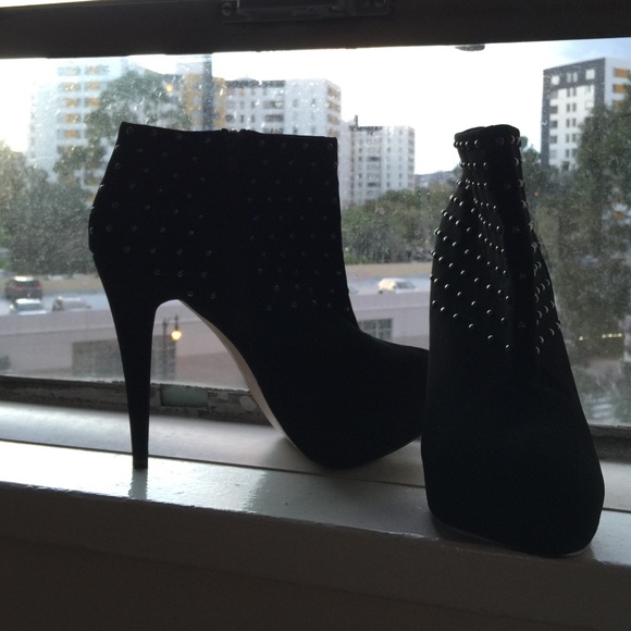 Studded black suede ankle booty high heels